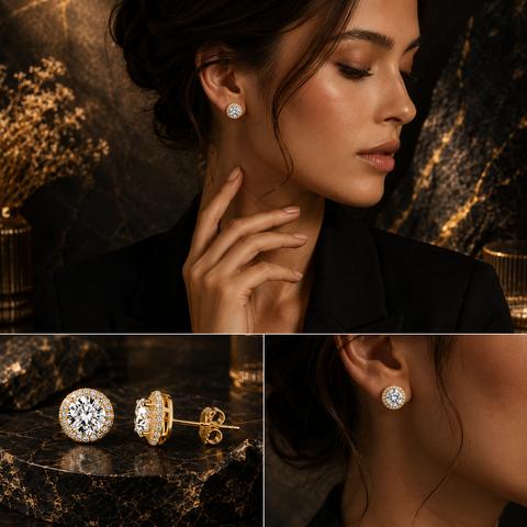 925 Sterling Silver Elegant Gold CZ Halo Stud Earrings with Butterfly Backs