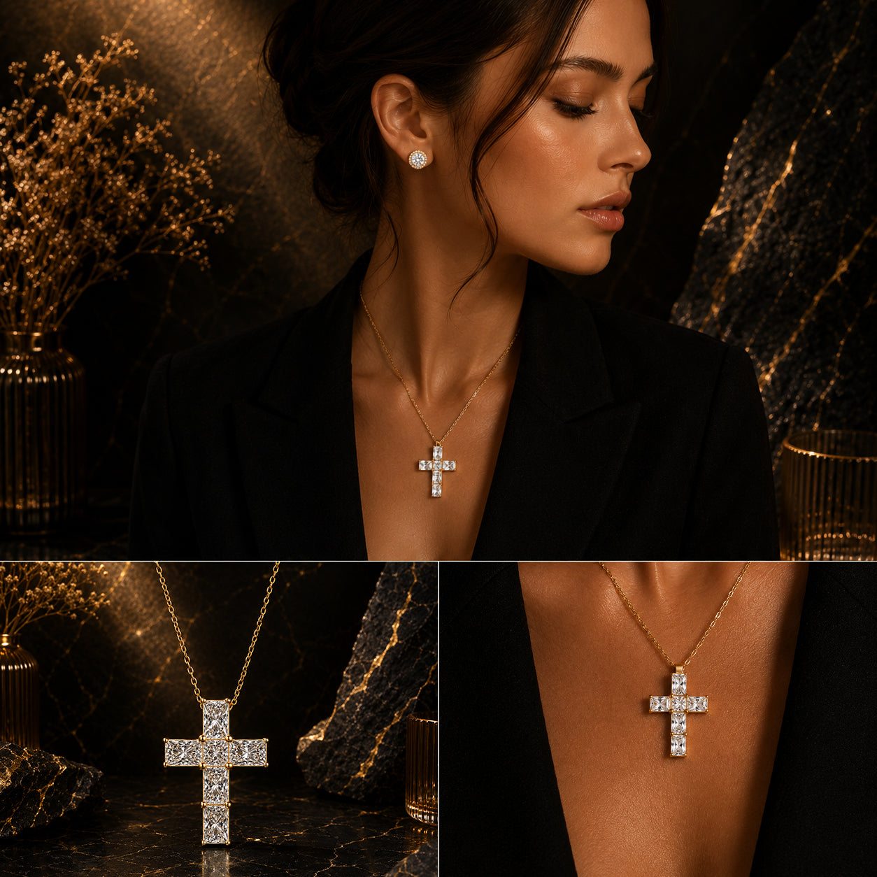925 Sterling Silver Elegant Gold Chain Necklace with Sparkling CZ Cross Pendant