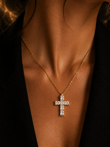 925 Sterling Silver Elegant Gold Chain Necklace with Sparkling CZ Cross Pendant