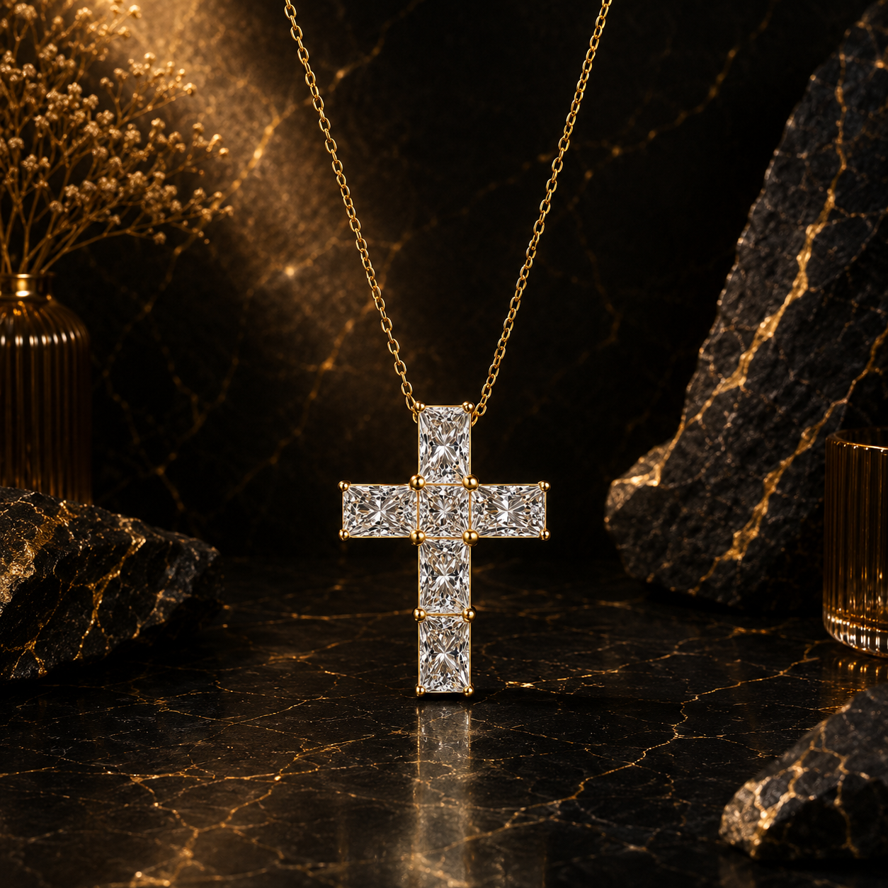 925 Sterling Silver Elegant Gold Chain Necklace with Sparkling CZ Cross Pendant